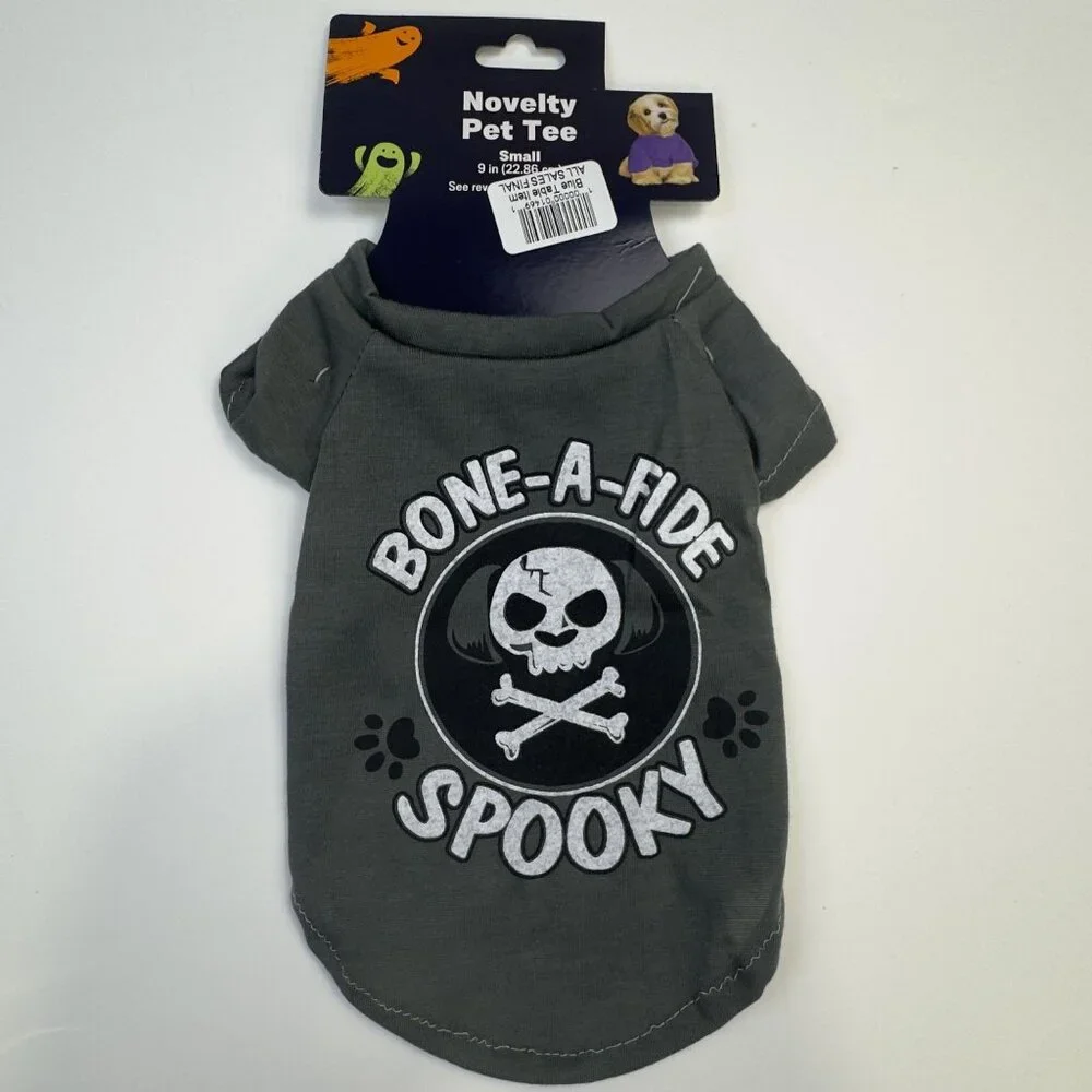 Bone-A-Fide Spooky Novelty Pet Halloween Tee Small Gray Skull Dog Costume NEW